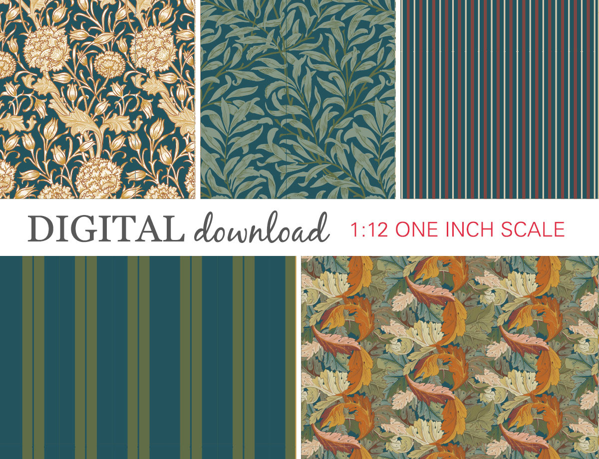 Preview image of 1:12 scale printable dollhouse wallpaper in gray and dark blue and gold, designed for miniatures and shown as digital sheets ready for instant download and printing.